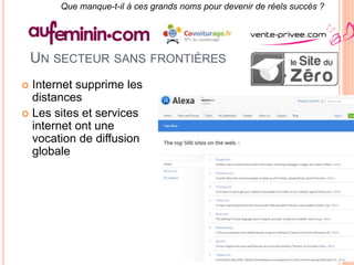 6
UN SECTEUR SANS FRONTIÈRES
 Internet supprime les
distances
 Les sites et services
internet ont une
vocation de diffusion
globale
Que manque-t-il à ces grands noms pour devenir de réels succès ?
 