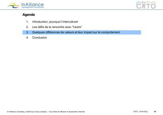 © InAlliance Consulting, a NeoFocus Group company – Tous droits de diffusion et reproduction réservés
Agenda
15CRTO - 20161005
1. Introduction, pourquoi l’interculturel
2. Les défis de la rencontre avec “l’autre”
3. Quelques différences de valeurs et leur impact sur le comportement
4. Conclusion
 