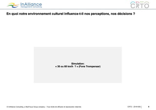© InAlliance Consulting, a NeoFocus Group company – Tous droits de diffusion et reproduction réservés
En quoi notre environnement culturel influence-t-il nos perceptions, nos décisions ?
9CRTO - 20161005
Simulation:
« 30 ou 60 km/h ? » (Fons Trompenaar)
 