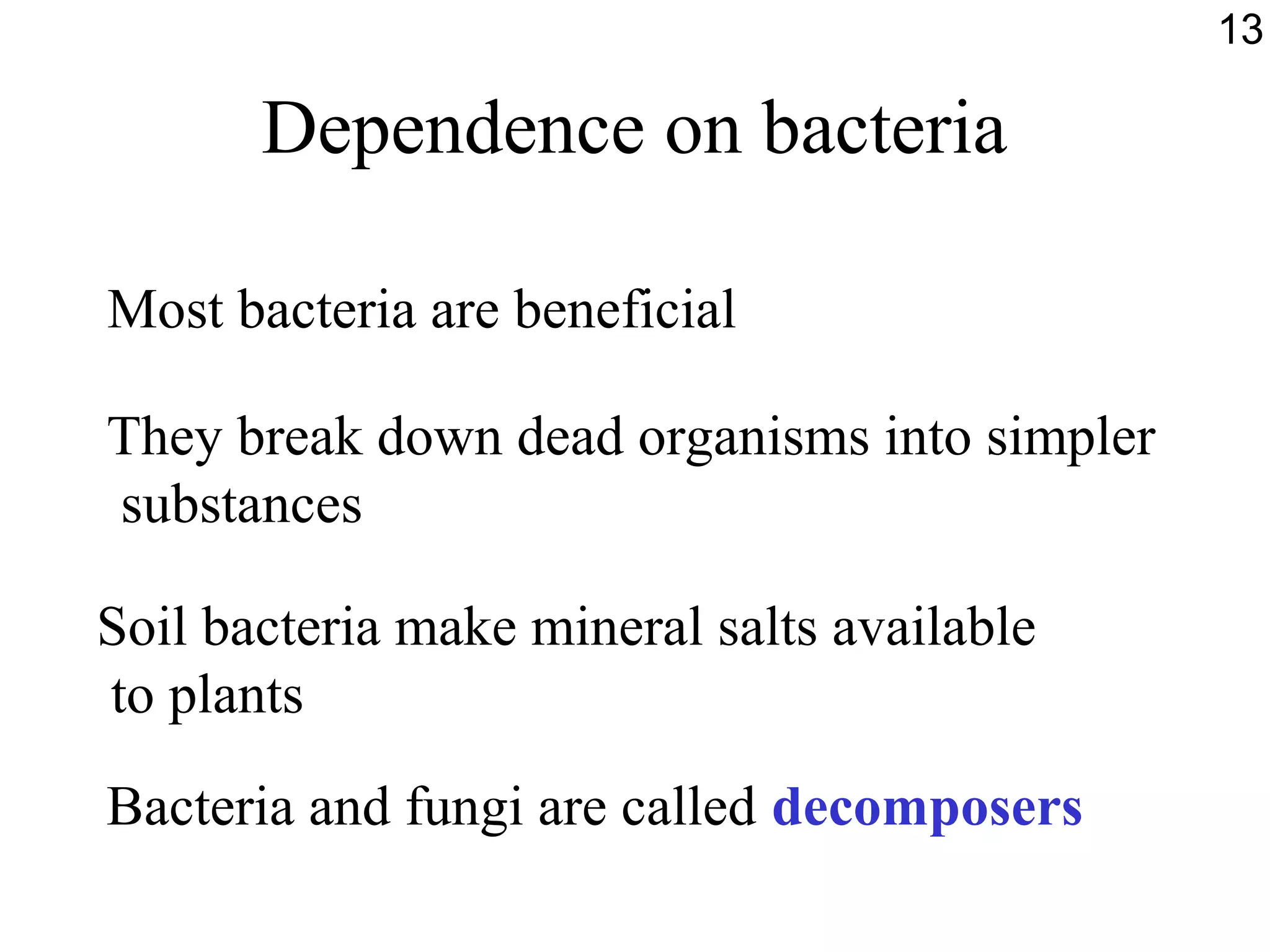 Dependence on bacteria
Most bacteria are beneficial
They break down dead organisms into simpler
substances
Soil bacteria make mineral salts available
to plants
Bacteria and fungi are called decomposers
13
 