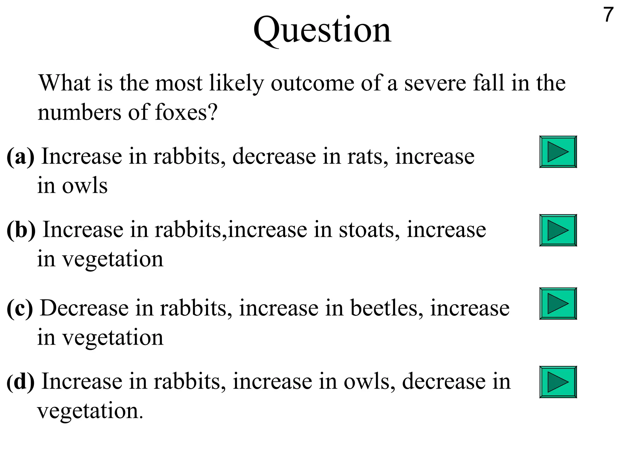 Question
What is the most likely outcome of a severe fall in the
numbers of foxes?
(a) Increase in rabbits, decrease in rats, increase
in owls
(b) Increase in rabbits,increase in stoats, increase
in vegetation
(c) Decrease in rabbits, increase in beetles, increase
in vegetation
(d) Increase in rabbits, increase in owls, decrease in
vegetation.
7
 