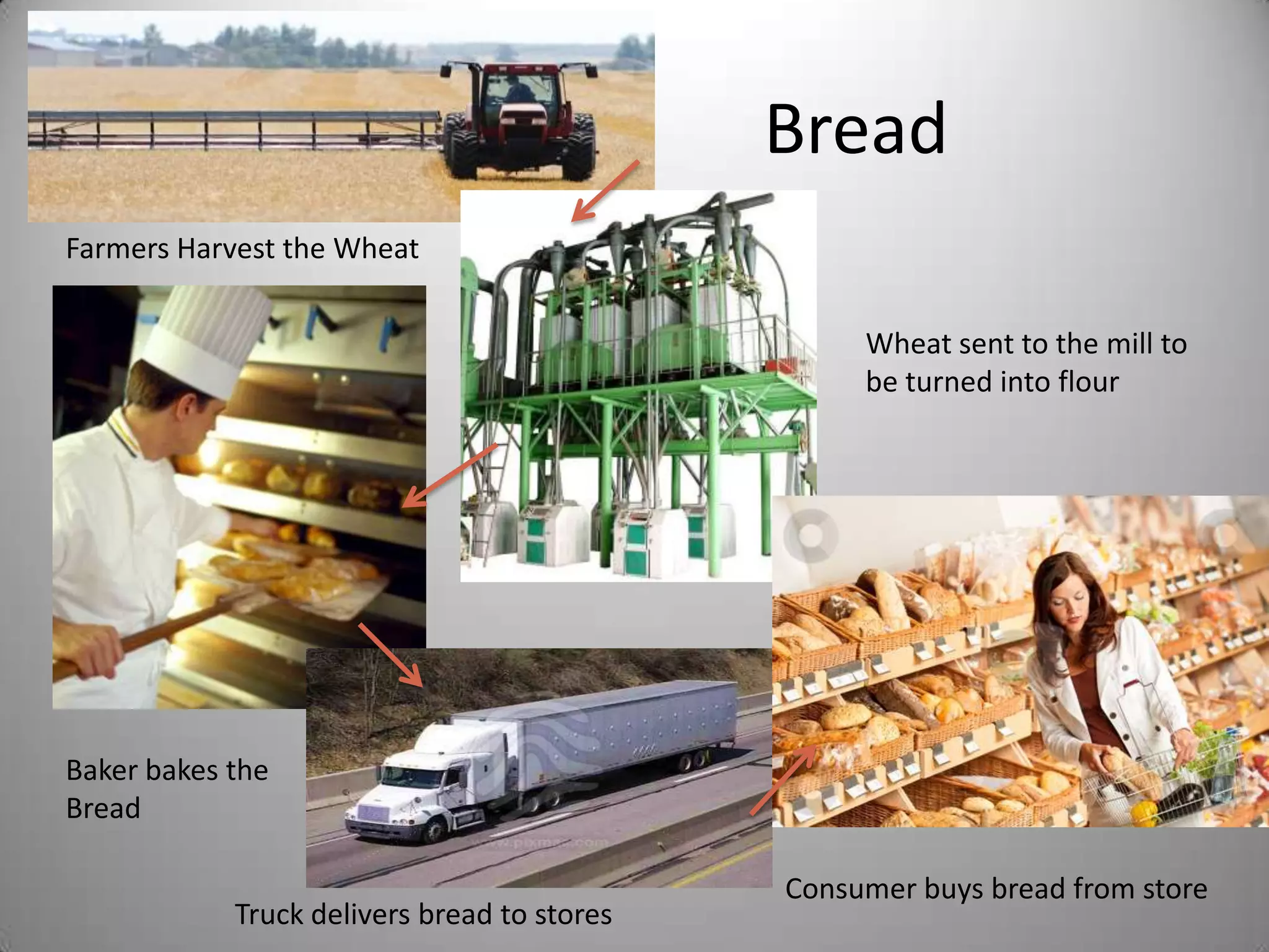 Bread
Farmers Harvest the Wheat


                                                  Wheat sent to the mill to
                                                  be turned into flour




Baker bakes the
Bread

                                             Consumer buys bread from store
            Truck delivers bread to stores
 