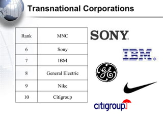 Transnational Corporations Rank MNC 6 Sony 7 IBM 8 General Electric 9 Nike 10 Citigroup 