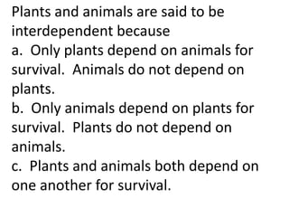 Plants and animals are said to be
interdependent because:
a. Only plants depend on animals for
survival. Animals do not depend on
plants.
b. Only animals depend on plants for
survival. Plants do not depend on
animals.
c. Plants and animals both depend on
one another for survival.
 