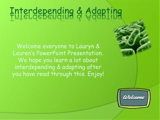 Interdepending & Adapting Welcome everyone to Lauryn & Lauren’s PowerPoint Presentation. We hope you learn a lot about interdepending & adapting after you have read through this. Enjoy! 