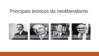 Principais teóricos do neoliberalismo
Friedrich Hayek Leopold von Wiese Ludwig von Mise Milton Friedma
 