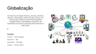 Globalização
Consiste na circulação de bens, serviços, dinheiro,
pessoas, informação, modos de vida, cultura, etc;
pelo mundo e adquira uma dimensão global,
atingido todas as sociedades e domínios, do
econômico ao cultural, passando pelo financeiro e
pelo social.
•
Exemplo
Serviços  Liberty Seguros
Financeiro  BCE
Informação  CNN; BBC
Cultural  Filmes; Música
 
