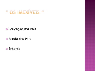  Educação   dos Pais

 Renda   dos Pais

 Entorno
 