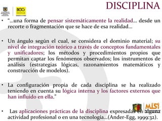 DISCIPLINA “… una forma de  pensar sistemáticamente la realidad … desde un recorte o fragmentación que se hace de esa realidad…  Un ángulo según el cual, se considera el dominio material;  su nivel de integración teórico a través de conceptos fundamentales y unificadores ; los métodos y procedimientos propios que permitan captar los fenómenos observados; los instrumentos de análisis (estrategias lógicas, razonamientos matemáticos y construcción de modelos). La configuración propia de cada disciplina se ha realizado teniendo en cuenta su  lógica interna y los factores externos que han influido en ella .” Las  aplicaciones prácticas de la disciplina  expresadas en alguna actividad profesional o en una tecnología…(Ander-Egg, 1999:32). 