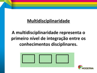 Multidisciplinaridade
A multidisciplinaridade representa o
primeiro nível de integração entre os
conhecimentos disciplinares.
 