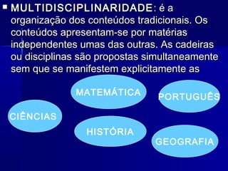  MULTIDISCIPLINARIDADEMULTIDISCIPLINARIDADE : é a: é a
organização dos conteúdos tradicionais. Osorganização dos conteúdos tradicionais. Os
conteúdos apresentam-se por matériasconteúdos apresentam-se por matérias
independentes umas das outras. As cadeirasindependentes umas das outras. As cadeiras
ou disciplinas são propostas simultaneamenteou disciplinas são propostas simultaneamente
sem que se manifestem explicitamente assem que se manifestem explicitamente as
MATEMÁTICA
CIÊNCIAS
PORTUGUÊS
HISTÓRIA
GEOGRAFIA
 