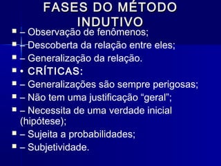 FASES DO MÉTODOFASES DO MÉTODO
INDUTIVOINDUTIVO
 – Observação de fenômenos;
 – Descoberta da relação entre eles;
 – Generalização da relação.
 • CRÍTICAS:
 – Generalizações são sempre perigosas;
 – Não tem uma justificação “geral”;
 – Necessita de uma verdade inicial
(hipótese);
 – Sujeita a probabilidades;
 – Subjetividade.
 