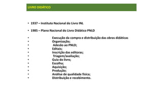 LIVRO DIDÁTICO
• 1937 – Instituto Nacional do Livro INL
• 1985 – Plano Nacional do Livro Didático PNLD
• Execução da compra e distribuição das obras didáticas
• Organização;
• Adesão ao PNLD;
• Editais;
• Inscrição das editoras;
• Triagem/avaliação;
• Guia do livro;
• Escolha;
• Aquisição;
• Produção;
• Análise de qualidade física;
• Distribuição e recebimento.
 