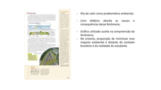 - Ilha de calor como problemática ambiental;
- Livro didático aborda as causas e
consequências desse fenômeno;
- Gráfico utilizado auxilia na compreensão do
fenômeno;
- No entanto, proposição de minimizar esse
impacto ambiental é distante do contexto
brasileiro e da realidade do estudante.
 