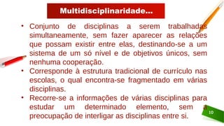 Multidisciplinaridade...
10
• Conjunto de disciplinas a serem trabalhadas
simultaneamente, sem fazer aparecer as relações
que possam existir entre elas, destinando-se a um
sistema de um só nível e de objetivos únicos, sem
nenhuma cooperação.
• Corresponde à estrutura tradicional de currículo nas
escolas, o qual encontra-se fragmentado em várias
disciplinas.
• Recorre-se a informações de várias disciplinas para
estudar um determinado elemento, sem a
preocupação de interligar as disciplinas entre si.
 