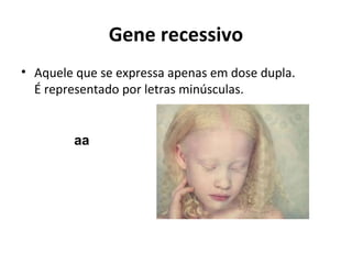 Gene recessivo
• Aquele que se expressa apenas em dose dupla.
É representado por letras minúsculas.
aa
 