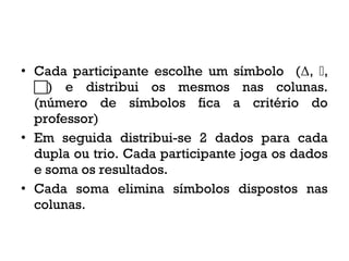 • Cada participante escolhe um símbolo (Δ, ,
) e distribui os mesmos nas colunas.
(número de símbolos fica a critério do
professor)
• Em seguida distribui-se 2 dados para cada
dupla ou trio. Cada participante joga os dados
e soma os resultados.
• Cada soma elimina símbolos dispostos nas
colunas.
 