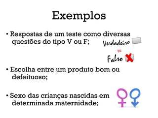 Exemplos
• Respostas de um teste como diversas
questões do tipo V ou F;
• Escolha entre um produto bom ou
defeituoso;
• Sexo das crianças nascidas em
determinada maternidade;
 