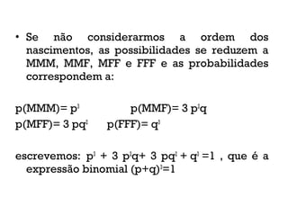 • Se não considerarmos a ordem dos
nascimentos, as possibilidades se reduzem a
MMM, MMF, MFF e FFF e as probabilidades
correspondem a:
p(MMM)= p3
p(MMF)= 3 p2
q
p(MFF)= 3 pq2
p(FFF)= q3
escrevemos: p3
+ 3 p2
q+ 3 pq2
+ q3
=1 , que é a
expressão binomial (p+q)3
=1
 