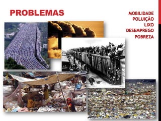 PROBLEMAS
http://3.bp.blogspot.com/-Im1L6-
AbQIA/UD1vRwwblNI/AAAAAAAAGM8/eJnQth0dIcE/s1600/Massive+Traffic+Jam.jpg
http://www.eco-business.com/media/uploads/ebmedia/fileuploads/wp_uploads/2011/06/global-
warming-pollution_news_featured.jpg
http://thestar.blogs.com/.a/6a00d8341bf8f353ef017ee9f3dda7970d-800wi
http://www.iied.org/files/women_recycling_delhi_0.jpg
MOBILIDADE
POLUIÇÃO
LIXO
DESEMPREGO
POBREZA
 