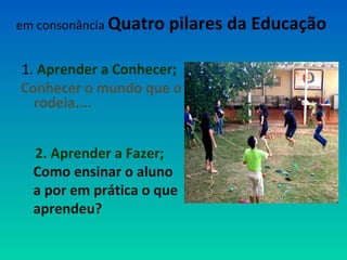 em consonância Quatro pilares da Educação 
1. Aprender a Conhecer; 
Conhecer o mundo que o 
rodeia.... 
2. Aprender a Fazer; 
Como ensinar o aluno 
a por em prática o que 
aprendeu? 
 