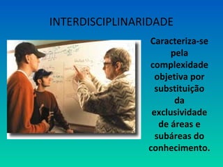 INTERDISCIPLINARIDADE 
Caracteriza-se 
pela 
complexidade 
objetiva em 
substituição 
da 
exclusividade 
de áreas e 
subáreas do 
conhecimento. 
 