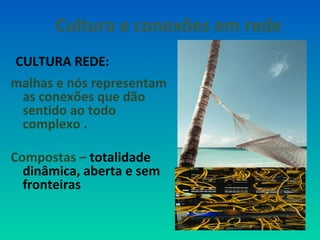 Cultura e conexões em rede 
CULTURA REDE: 
As malhas e nós 
representam as conexões 
que dão sentido ao todo 
complexo . 
Se forem Compostas – O Uno é 
uma totalidade dinâmica, 
aberta e sem fronteiras 
 