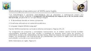 Metodología propuesta por el MEN para Inglés.
“Las metodologías o principios metodológicos que se presentan a continuación tienen una
característica común: enfatizan la integración del aprendizaje de lenguas con el de las demás áreas
del currículo, propiciando as í un aprendizaje integral.
1. El Aprendizaje basado en tareas y proyectos
2. Enseñanza enfocada en el contenido académico:
3. Lenguaje integral (Whole Lenguaje)”
Fuente: MEN Lineamientos curriculares idiomas extranjeros. Páginas 20 y 21
“La integración de proyectos y actividades transversales en el ámbito escolar brinda también
innumerables ocasiones para leer, escribir e investigar en diversas áreas como las ciencias, la
informática, el arte y las matemáticas. De esta forma, mientras realizan una práctica real de la nueva
lengua, los estudiantes irán descubriendo las posibilidades que ofrece el inglés como herramienta
para ampliar su mundo y sus conocimientos”
MEN. Estándares en inglés. Página 31
 