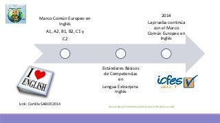 http://es.slideshare.net/sbmalambo/para-docentes-saber-11-2014-alineacin-o-cambios
Link: Cartilla SABER 2014
Marco Común Europeo en
Inglés
A1, A2, B1, B2, C1 y
C2
Estándares Básicos
de Competencias
en
Lengua Extranjera:
Inglés
2014
La prueba continúa
con el Marco
Común Europeo en
Inglés
 