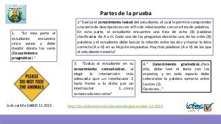 http://es.slideshare.net/sbmalambo/guia-saber-11-2015Link cartilla SABER 11 2015
Partes de la prueba
1. “En esta parte el
estudiante encuentra
cinco avisos y debe
decidir dónde los vería
(Conocimiento
pragmático) “
2.“Evalúa el conocimiento lexical del estudiante, el cual le permite comprender
una serie de descripciones con el fin de relacionarlas con una lista de palabras.
En esta parte, el estudiante encuentra una lista de ocho (8) palabras
clasificadas de A a H. Cada una de las preguntas describe una de las ocho (8)
palabras y el estudiante debe buscar la relación entre las dos y marcar la letra
correcta (A a H) en su Hoja de respuestas. Hay más palabras (A a H) de las que
el estudiante necesita”
3. “Evalúa al estudiante en su
conocimiento comunicativo, al
elegir la intervención más
adecuada que un interlocutor 2
haría frente a lo dicho por un
interlocutor 1….cinco
conversaciones cortas”
4.” Conocimiento gramatical…Para
ello, debe leer el texto con los
espacios, y en cada espacio debe
seleccionar la palabra correcta entre
las tres (3)
Opciones…”
 