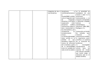 integrativa de dos o
más disciplinas
disciplinaria o
multidisciplinariament
e.
Posada(2004) la define
como el segundo nivel
de integración
disciplinar,enel cual la
cooperación entre
disciplinas conlleva
interacciones reales;es
decir, reciprocidad en
los intercambios y, por
consiguiente , un
enriquecimiento
mutuo.
La interdisciplinariedad
cobra sentido en la
medida en que
flexibiliza y amplia los
marcos de referencia
de la realidad, a partir
de la permeabilidad
entre las verdades de
cada unode lossaberes
en la actualidad los
paradigmas de una
ciencia o saber no le
pertenecen
exclusivamente, y es
necesario extrapolarlos
a diferentes contextos
teóricos y
metodológicos
(Nicolescu, 1998, 2002;
Rodríguez, s.f.).
Comprende una familia
de métodos para
relacionar el
conocimientocientífico,
la experiencia extra-
científica y la práctica
de la resolución de
problemas.
la investigación
transdisciplinar se
orienta hacia los
aspectos del mundo
real,másque a aquellos
que tienen origen y
relevancia sólo en el
debate científico
 