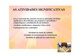 AS ATIVIDADES SIGNIFICATIVAS

Para a construção dos conceitos, devem ser planejadas atividades
significativas, diversificadas, que propiciem o aprendizado e
complexifiquem o entendimento de um fenômeno
Atividades mobilizadoras, adequadas à faixa etária
O planejamento deve contemplar:

                    Atividades de estudo da realidade
              Atividades de sistematização do conhecimento
                Atividades de aplicação do conhecimento
 