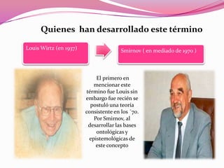 Quienes han desarrollado este término
Louis Wirtz (en 1937) Smirnov ( en mediado de 1970 )
El primero en
mencionar este
término fue Louis sin
embargo fue recién se
postuló una teoría
consistente en los ´70.
Por Smirnov, al
desarrollar las bases
ontológicas y
epistemológicas de
este concepto
 