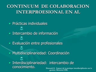 CONTINUUM DE COLABORACION
   INTERPROESIONAL EN AL

•  Prácticas individuales

•  Intercambio de información

•  Evaluación entre profesionales

•  Multidisciplinariedad: Coordinación

•  Interdisciplinariedad: intercambio de
   conocimiento.        Dussault G. Impact de la pratique interdisciplinaire sur la
                                        gestion. Montréal 1990.
 