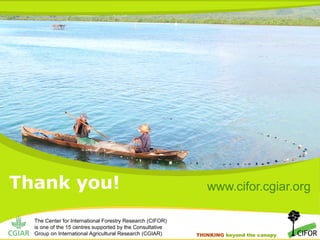 THINKING beyond the canopy
THINKING beyond the canopy
The Center for International Forestry Research (CIFOR)
is one of the 15 centres supported by the Consultative
Group on International Agricultural Research (CGIAR)
Thank you! www.cifor.cgiar.org
 