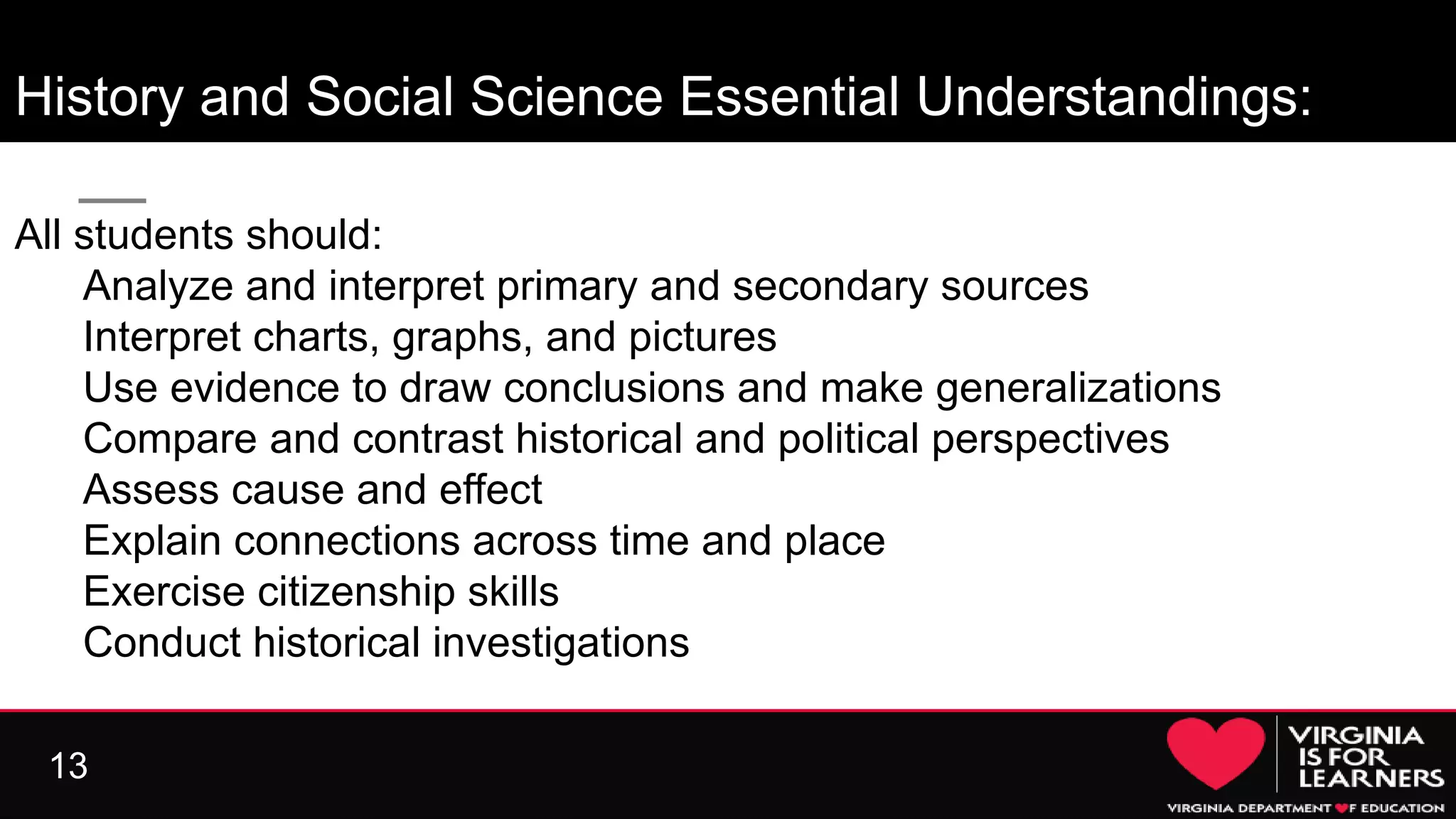 13
History and Social Science Essential Understandings:
All students should:
● Analyze and interpret primary and secondary sources
● Interpret charts, graphs, and pictures
● Use evidence to draw conclusions and make generalizations
● Compare and contrast historical and political perspectives
● Assess cause and effect
● Explain connections across time and place
● Exercise citizenship skills
● Conduct historical investigations
 