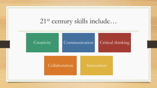 21st century skills include…
Creativity Communication Critical thinking
Collaboration Innovation
 