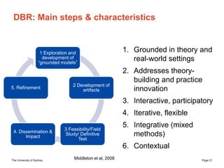 The University of Sydney Page 21
DBR: Main steps & characteristics
1. Grounded in theory and
real-world settings
2. Addres...
