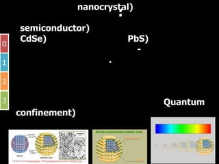 Ȩโน๶ทคโนโลยีชวภาพ : หมุดควอนตัม
              ี
                    หมุดควอนตัม (Quantum         Dot)          เปนโครงสรางที่มีลักษณะ
    เปนผลกนาโน (
     ป ึ โ (nanocrystal) ของสารประกอบทมคุณสมบตเปนสารกงตวนา
                                    l)          ป         ี่ ี        ั ิ ป      ึ่ ั ํ
0
    (semiconductor) เชน แคดเมียมเซลิไนด (CdSe) เลดซัลไฟด (PbS) มีขนาด
1   เสนผาศูนยกลางระหวาง 2-10 นาโนเมตร                                                     .
                    โครงสรางของหมุุดควอนตัมที่ไดจากสังเคราะหมีคุณสมบัติที่พิเศษจาก
2   การที่อิเล็กตรอนที่อยูภายในถูกจํากัดบริเวณการเคลื่อนที่ทั้งสามมิติไว (Quantum
    confinement) การถกกักขังนี้จึงสงผลใหเกิดระดับการสงผานพลังงานที่ไม
                             การถูกกกขงนจงสงผลใหเกดระดบการสงผานพลงงานทไม
3   ตอเนื่องหรือเกิดเปนพลังงานแบบควอนตัม หมุดควอนตัมที่มีขนาดใหญจะมี
    สีี สั น ที่ี แ สดงออกมาอยู ใ นขอบเขตของสีี แ ดง และควอนตัั ม ที่ี มี ข นาดทีี่ เ ล็็ ก ลง
    ลดหลั่นกันลงมาจะมีสีสันอยูในขอบเขตของสีน้ําเงิน
 