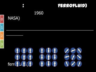 วัสดุนาโน : เฟอรโรฟลูอิด (Ferrofluid)
                ในป ค.ศ. 1960 นักวิจัยขององคการนาซา (NASA) พยายามที่จะ
0    ศึึกษาเพืื่อหาวิธีการในการควบคุมของเหลวในอวกาศ พวกเขาไดคนพบวา             ไ
     อนุภาคของธาตุเหลกในระดบนาโนนนมความเปนแมเหลก โดยอนุภาคนา
     อนภาคของธาตเหล็กในระดับนาโนนั้นมีความเปนแมเหล็ก โดยอนภาคนา
1    โนเหลานี้สามารถปองกันการจับตัวรวมเขาดวยกันเองได และยังสามารถที่
     จะแพร ก ระจายเข า ไปได ใ นนํ้ํ า หรืื อ นํ้ํ า มัั น ทํํ า ให ส ามารถที่ี จ ะควบคุ ม
                            ไปไ                                       ใ
2
     ตํ า แหน ง หรื อ การเคลื่ อ นที่ ข องของเหลวโดยอาศั ย สมบั ติ ของการเป น
3    แมเหล็กได ซึ่งของเหลวที่คนพบนี้เรียกกันวา เฟอโรฟลูอิด (ferrofluids)




          สภาพแมเหล็กเฟอรโร สภาพแมเหล็กแอนติเฟอรโร สภาพแมเหล็กพารา
 