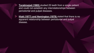 ⩥ Torabinejad (1985) studied 25 teeth from a single patient
and could not establish any interrelationships between
periodontal and pulpal diseases.
⩥ Hiatt (1977) and Hemington (1979) stated that there is no
apparent relationship between periodontal and pulpal
disease.
10
 