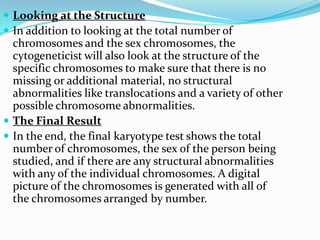 Looking at the Structure
 In addition to looking at the total number of
  chromosomes and the sex chromosomes, the
  cytogeneticist will also look at the structure of the
  specific chromosomes to make sure that there is no
  missing or additional material, no structural
  abnormalities like translocations and a variety of other
  possible chromosome abnormalities.
 The Final Result
 In the end, the final karyotype test shows the total
  number of chromosomes, the sex of the person being
  studied, and if there are any structural abnormalities
  with any of the individual chromosomes. A digital
  picture of the chromosomes is generated with all of
  the chromosomes arranged by number.
 