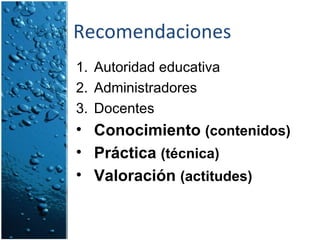 Recomendaciones Autoridad educativa Administradores Docentes Conocimiento  (contenidos) Práctica  (técnica) Valoración  (actitudes)   