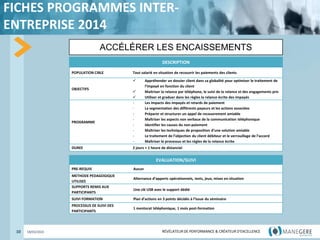 RÉVÉLATEUR DE PERFORMANCE & CRÉATEUR
D'EXCELLENCE
RÉVÉLATEUR DE PERFORMANCE & CRÉATEUR D'EXCELLENCE
FICHES PROGRAMMES INTER-
ENTREPRISE 2014
10 18/03/2022
ACCÉLÉRER LES ENCAISSEMENTS
DESCRIPTION
POPULATION CIBLE Tout salarié en situation de recouvrir les paiements des clients
OBJECTIFS
 Appréhender un dossier client dans sa globalité pour optimiser le traitement de
l’impayé en fonction du client
 Maitriser la relance par téléphone, le suivi de la relance et des engagements pris
 Utiliser et graduer dans les règles la relance écrite des impayés
PROGRAMME
- Les impacts des impayés et retards de paiement
- La segmentation des différents payeurs et les actions associées
- Préparer et structurer un appel de recouvrement amiable
- Maîtriser les aspects non verbaux de la communication téléphonique
- Identifier les causes du non-paiement
- Maîtriser les techniques de proposition d’une solution amiable
- Le traitement de l’objection du client débiteur et le verrouillage de l’accord
- Maîtriser le processus et les règles de la relance écrite
DUREE 2 jours + 1 heure de distanciel
EVALUATION/SUIVI
PRE-REQUIS Aucun
METHODE PEDAGOGIQUE
UTILISEE
Alternance d’apports opérationnels, tests, jeux, mises en situation
SUPPORTS REMIS AUX
PARTICIPANTS
Une clé USB avec le support dédié
SUIVI FORMATION Plan d’actions en 3 points décidés à l’issue du séminaire
PROCESSUS DE SUIVI DES
PARTICIPANTS
1 mentorat téléphonique, 1 mois post-formation
 