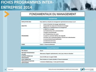 RÉVÉLATEUR DE PERFORMANCE & CRÉATEUR
D'EXCELLENCE
RÉVÉLATEUR DE PERFORMANCE & CRÉATEUR D'EXCELLENCE
FICHES PROGRAMMES INTER-
ENTREPRISE 2014
11 18/03/2022
FONDAMENTAUX DU MANAGEMENT
DESCRIPTION
POPULATION CIBLE Tout salarié en situation de management opérationnel de niveau 1 ou 2
OBJECTIFS
 Cerner la fonction de manager opérationnel
 Comprendre les enjeux de la fonction de manager
 Maîtriser les 5 fondamentaux du management
PROGRAMME
- Le MOAT du manager
- Les fondamentaux de la communication
- L’analyse transactionnelle
- Les 5 fondamentaux du succès
- Le projet ou comment décliner des objectifs
- Les leviers de la motivation/tableau de bord de la démotivation
- La concentration/responsabilisation
- Le traitement de l’erreur
- Le traitement de la faute
DUREE 2 jours + 1 heure de distancier
EVALUATION/SUIVI
PRE-REQUIS Aucun
METHODE PEDAGOGIQUE
UTILISEE
Alternance d’apports opérationnels, tests, jeux, mises en situation
SUPPORTS REMIS AUX
PARTICIPANTS
Une clé USB avec le support dédié
SUIVI FORMATION Plan d’actions en 3 points décidés à l’issue du séminaire
PROCESSUS DE SUIVI DES
PARTICIPANTS
1 mentorat téléphonique, 1 mois post-formation
 