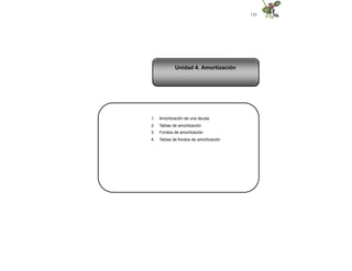 133
1. Amortización de una deuda
2. Tablas de amortización
3. Fondos de amortización
4. Tablas de fondos de amortización
Unidad 4. Amortización
 