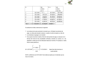 143
N (M)
anterior
por (i)
R + I (M)
anterior
más (CA)
1 32,715.69 -----o----- 32,715.69 32,715.69
2 32,715.69 2,617.26 35,332.95 68,048.64
3 32,715.69 5,443.89 38,159.58 106,208.22
4 32,715.69 8,496.66 41,212.35 147,420.57
5 32,715.69 11,793.65 44,509.34 191,929.91
6 32,715.69 15,354.39 48,070.08 239,999.99 *
Total 196,294.14 43,705.85 239,999.99 *
* Debido al redondeo de cifras hay una pequeña variación.
Si analizamos la tabla, observamos lo siguiente:
 Las rentas sirven para aumentar la inversión que –al finalizar los periodos de
pago– se utiliza para liquidar la deuda, o sustituir el activo al expirar su vida útil.
 Los intereses se agregan a la inversión.
 Si se quiere encontrar el saldo al final de cierto periodo de pago, se calcula con la
fórmula del monto de las anualidades ordinarias, tomando en cuenta, en n, los
depósitos o rentas que se han efectuado hasta ese momento. Por ejemplo, el saldo
final al cuarto periodo es:
4
(1 + 0.08) – 1
M = 32715.69 ------------------ = 147,420.56 =
0.08
Saldo final (M) al terminar el
cuarto periodo.
NOTA: la diferencia con $147,420.57 de la tabla se explica por el redondeo que se
hizo en la misma.
 