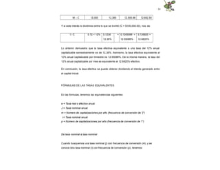 54
M – C 12,000 12,360 12,550.88 12,682.50
Y si este interés lo dividimos entre lo que se invirtió (C = $100,000.00), nos da:
I / C 0.12 = 12% 0.1236 = 0.1255088 = 0.126825 =
12.36% 12.55088% 12.6825%
Lo anterior demuestra que la tasa efectiva equivalente a una tasa del 12% anual
capitalizable semestralmente es de 12.36%. Asimismo, la tasa efectiva equivalente al
12% anual capitalizable por trimestre es 12.55088%. De la misma manera, la tasa del
12% anual capitalizable por mes es equivalente al 12.6825% efectivo.
En conclusión, la tasa efectiva se puede obtener dividiendo el interés generado entre
el capital inicial.
FÓRMULAS DE LAS TASAS EQUIVALENTES
En las fórmulas, tenemos las equivalencias siguientes:
e = Tasa real o efectiva anual.
J = Tasa nominal anual.
m = Número de capitalizaciones por año (frecuencia de conversión de "j")
i = Tasa nominal anual.
p = Número de capitalizaciones por año (frecuencia de conversión de “i”)
De tasa nominal a tasa nominal
Cuando busquemos una tasa nominal (j) con frecuencia de conversión (m), y se
conoce otra tasa nominal (i) con frecuencia de conversión (p), tenemos:
 