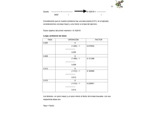 82
Queda: --------------- = -----------------
5000 i
6.152016 = ---------------
i
Considerando que en nuestro problema hay una tasa exacta (0.01), en el ejemplo,
consideraremos una tasa mayor y una menor a la tasa del ejercicio.
Factor objetivo del primer miembro = 6.152016
Luego, probamos las tasas:
TASA OPERACIÓN FACTOR
0.005 6
(1.005) – 1 6.075502
-----------------
0.005
0.008 6
(1.008) – 1 6.121288
-----------------
0.008
0.012 6
(1.012) – 1 6.182906
-----------------
0.012
0.015 6
(1.015) – 1 6.229551
-----------------
0.015
Los factores –un poco mayor y un poco menor al factor de la tasa buscada– con sus
respectivas tasas son:
Tasa = Factor
 