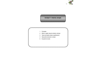 11
1. Concepto
2. Monto, capital, tasa de interés y tiempo
3. Tipos de interés simple (clasificación)
4. Descuento bancario o simple
5. Ecuación de valor
Unidad 1: Interés simple
 